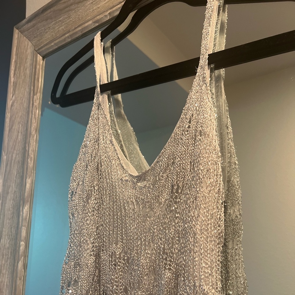 Zara Silver Sequin Metallic Open Knit Detail Tank Camo Maxi Long Dress - Picture 4 of 6
